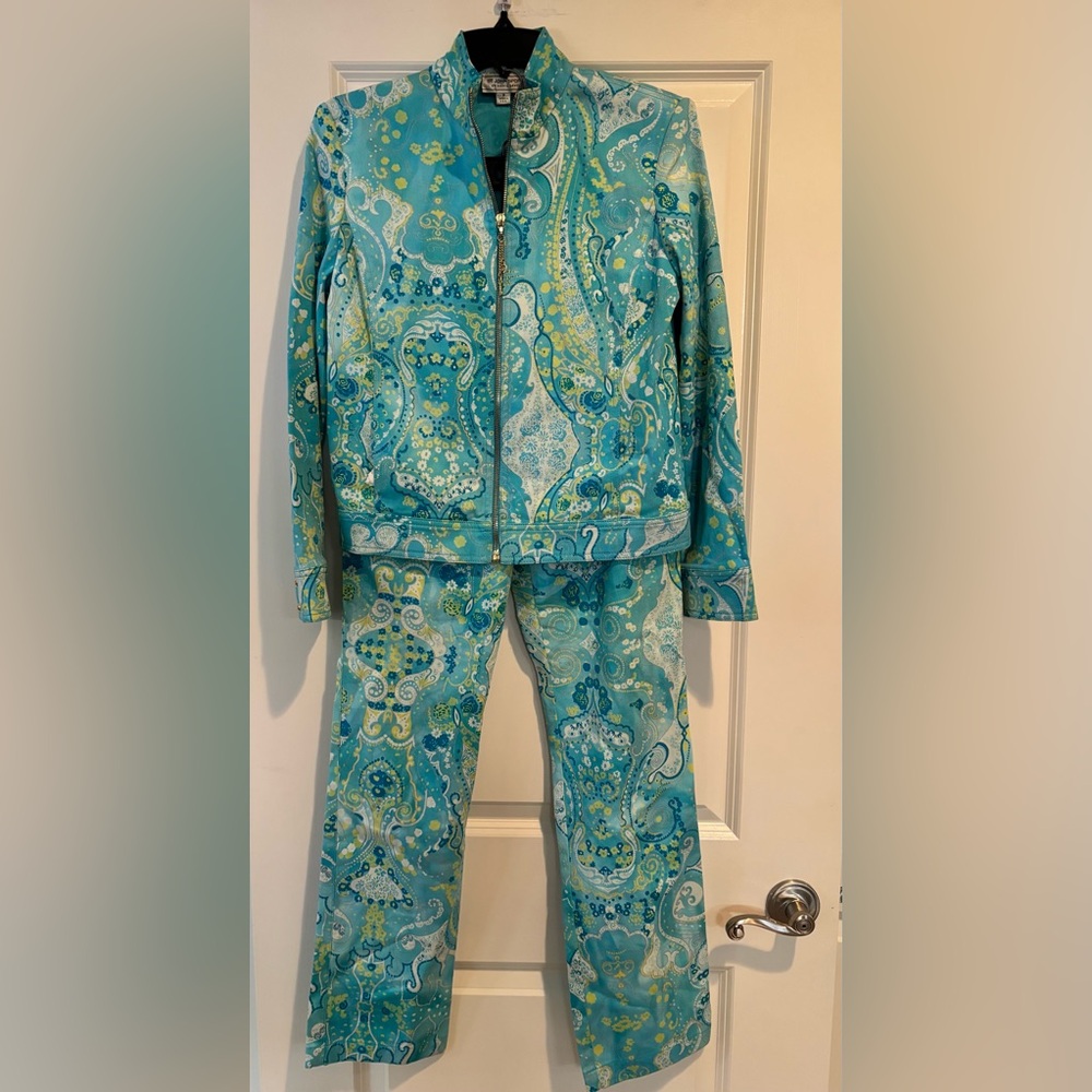 St John Sport Paisley Jacket Pants Suit Set Petite 2 Blue Turquoise